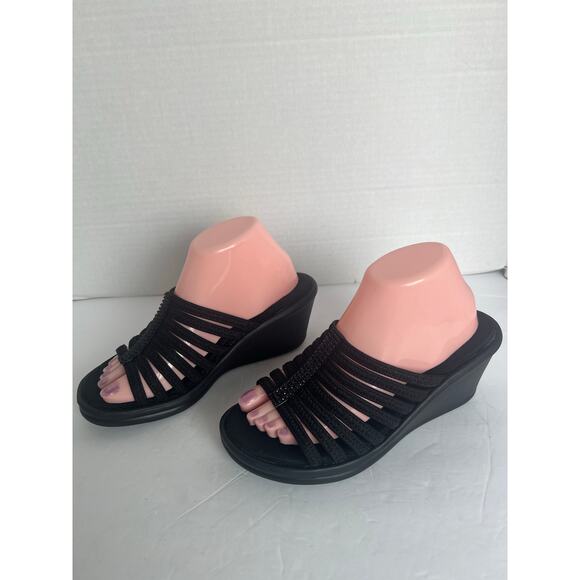 Skechers Rumblers Hotshot Black Rhinestone Wedge Slide Strappy Comfort Sandals 9 - Picture 1 of 14